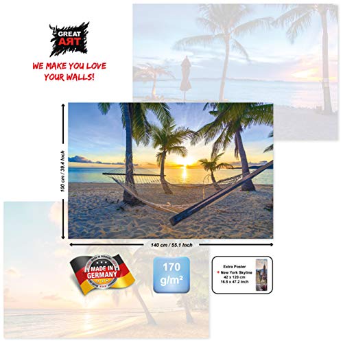 GREAT ART Juego de 3 carteles XXL – playas crepusculares – palmeras playa Barbados atardecer océano caribe vacaciones decoración de la pared carteles cada uno de 140 x 100 cm
