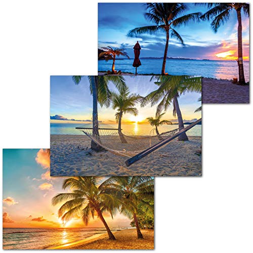 GREAT ART Juego de 3 carteles XXL – playas crepusculares – palmeras playa Barbados atardecer océano caribe vacaciones decoración de la pared carteles cada uno de 140 x 100 cm