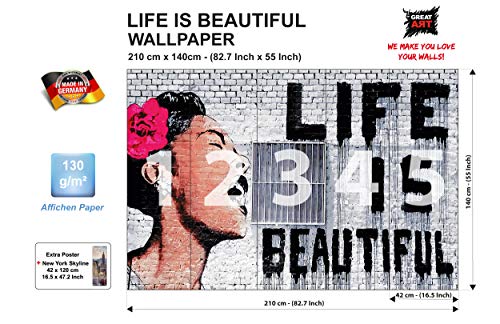 GREAT ART Papel tapiz fotográfico Decoración de pared Arte Banksy - La vida es bella Mural Moderno 210 x 140 cm - Papel tapiz 5 piezas incluye pasta