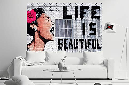 GREAT ART Papel tapiz fotográfico Decoración de pared Arte Banksy - La vida es bella Mural Moderno 210 x 140 cm - Papel tapiz 5 piezas incluye pasta