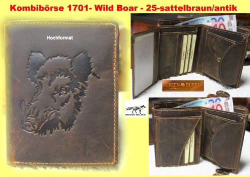 Greenburry/lefox G701 Wildboar - Cartera marrón con jabalí, para amantes de la caza, piel