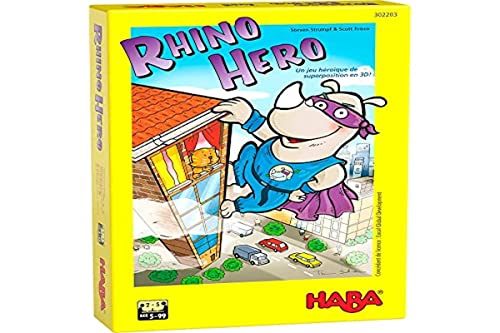 HABA 302203 - Rhino Hero, Juego de apilamiento 3D para 2 a 5 superhéroes de 5 años y más, con Reglas Sencillas para divertirse rápidamente, Juego de acción para Toda la Familia