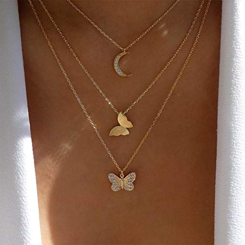 Handcess Boho Collares multicapa Collar con colgante de luna dorada Gargantilla de mariposa con cristal para mujeres y niñas