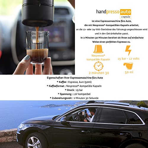 Handpresso Auto Capsule 21020 - Cafetera de expreso, automática, portátil, para cápsulas Nespresso, para coche (12 V/24 V)