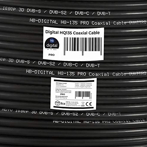 HB-DIGITAL 25m Cable Coaxial HQ-135 Cable de Antena 135dB Cable SAT 8K 4K UHD 4 Veces Apantallado Para Sistemas DVB-S / S2 DVB-C / C2 DVB-T / T2 DAB+ Radio BK + 10 F-Plug GRATIS