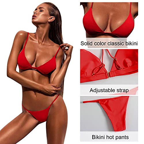 heekpek Bikini Trajes De Baño para Sexy Mujer Top Triángulo Cintura Baja con Relleno Tanga Bañador Brasileño Conjuntos Verano(Rojo,M)