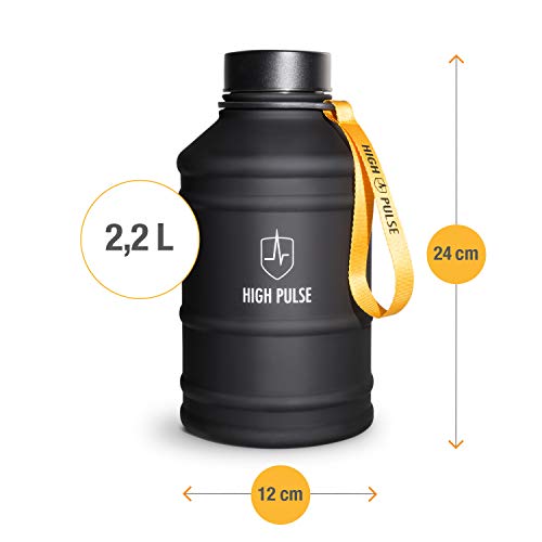 High Pulse® Botella de Agua XXL de acero inoxidable con accesorio para beber + tapa (2,2 l) - botella a prueba de fugas para su entrenamiento de fitness y fuerza - 100% libre de BPA