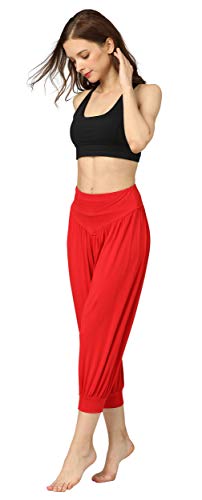 Hoerev - Pantalones capri para mujer, muy suaves, modales, elastano, para yoga, pilates, capri - Rojo - X-Large