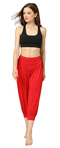 Hoerev - Pantalones capri para mujer, muy suaves, modales, elastano, para yoga, pilates, capri - Rojo - X-Large