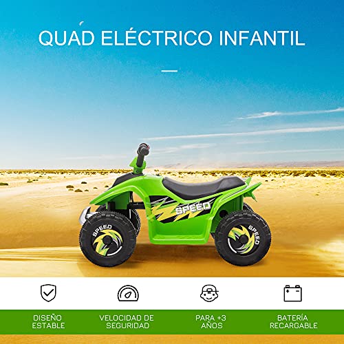HOMCOM Quad Eléctrico para Niños de +3 Años Vehículo Eléctrico Cuatrimoto a Batería 6V con Avance y Retroceso Carga Máx. 20 kg 72x40x45,5 cm Verde