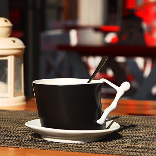 Hosoncovy Juego de 3 tazas de café y posavasos de cerámica creativos con cuchara escalador, taza de té y posavasos Set de taza y platillo, taza de escalada para regalo de oficina en casa (negro)