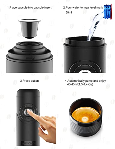 IMONS Máquina de café espresso portátil eléctrica de 12 V para coche, compatible con cápsulas Nespresso y L'OR originales (presión de 15 bares, con batería recargable)