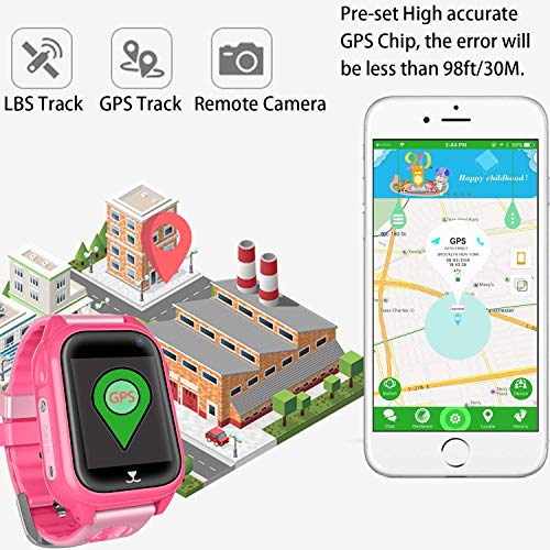 Impermeable GPS Smartwatch para Niños, Reloj inteligente Phone con GPS LBS Tracker SOS Chat de voz Cámara Despertador Podómetro Juego Cálculo para Regalos Estudiantes Compatible con iOS Android, Rosa