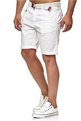 Indicode Conor - Pantalones cortos chinos para hombre, con cinturón, 100% algodón, bermudas de corte regular blanco roto L