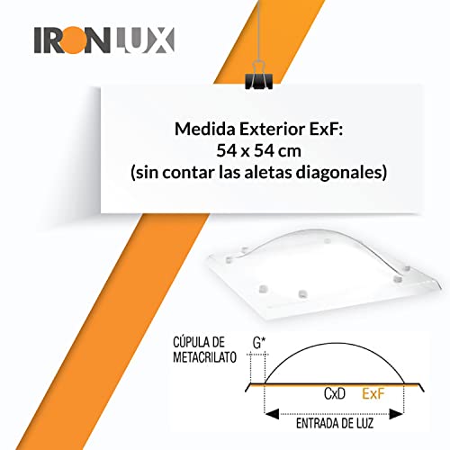 Ironlux - Cúpula para Claraboya techo de Metacrilato Cuadrada transparente - Tragaluz - 54x54 cm - Excelente paso de luz - Aislante acústico y térmico