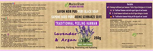 Jabón negro exfoliante de 250 g con aceite de argán y aceite esencial de lavanda; 100% natural Hammam y spa para una piel suave e hidratada Marop GLAM.