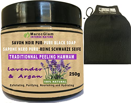 Jabón negro exfoliante de 250 g con aceite de argán y aceite esencial de lavanda; 100% natural Hammam y spa para una piel suave e hidratada Marop GLAM.