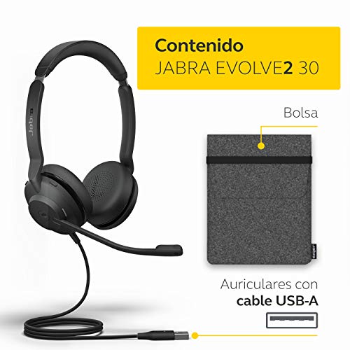 Jabra Evolve2 30 - Auriculares Estéreo con Cancelación de Ruido y Tecnología de Llamada de 2 Micrófonos - Certificados para Microsoft Teams - Cable USB-A - Negro