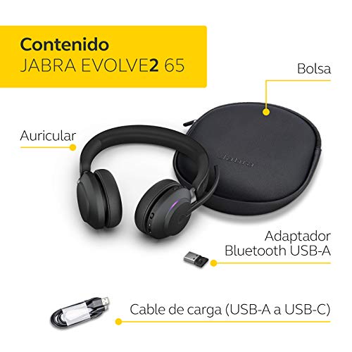 Jabra Evolve2 65 Auriculares Inalámbricos Estéreo con Cancelación de Ruido - Certificados para Microsoft Teams - Batería de Larga Duración - Adaptador Bluetooth USB-A - Negro