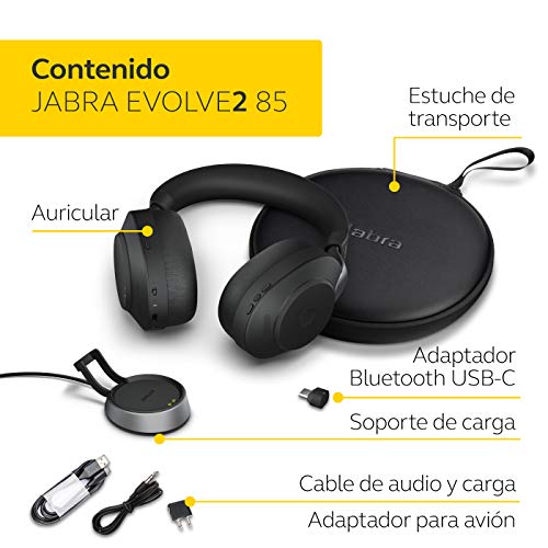 Jabra Evolve2 85 Auriculares Inalámbricos Estéreo con Soporte de Carga - Certificados para plataformas UC - Batería de Larga Duración - Adaptador Bluetooth USB-C - Negro