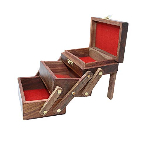 JagMor Joyero de madera de 3 compartimentos para mujeres, caja de joyería de viaje, organizador de almacenamiento para collares, pendientes, anillos, pulseras