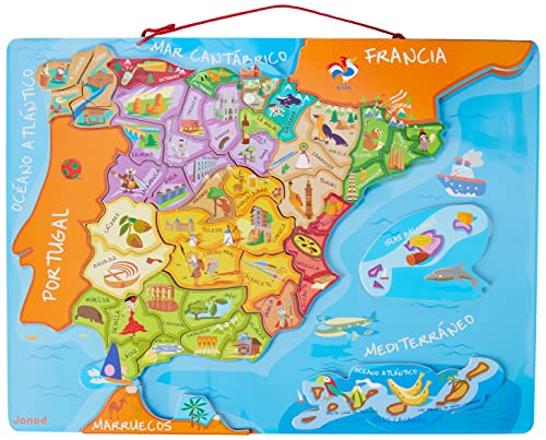 Janod - Puzzle magnético Mapa de España en madera, 50 piezas magnéticas, 40 x 30 cm, Juego educativo a partir de 5 años, J05527