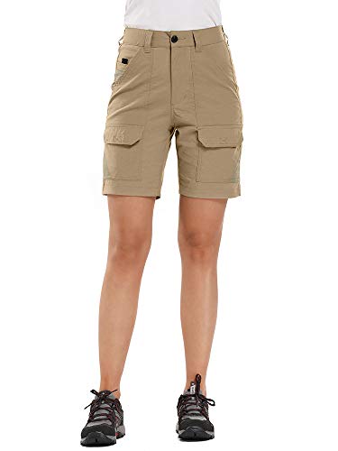 Jessie Kidden Pantalones cortos de senderismo elásticos para mujer al aire libre de secado rápido cintura elástica casual por encima de la rodilla media pantalones #2133-Khaki-32