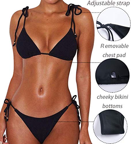 JFAN Bikini de Lazo Acanalado para Mujer Traje de Baño Brasileño con Parte Inferior Descarada(Negro,L)