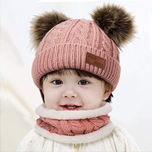 JFAN Sombrero de Invierno Bufanda para Niños Gorro de Punto para Bebés y Niños Pequeños Gorro de Invierno con Color Puro Sombrero de Doble Pompón para Niñas y Niños(B-Rosa,Talla única)