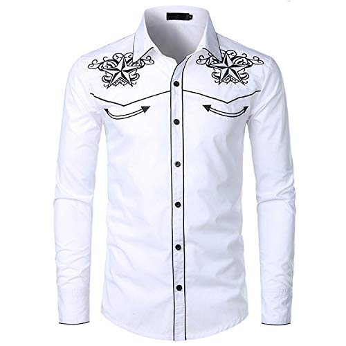 Jinyuan Elegante Western Cowboy Shirt Hombres DiseñO De Marca Bordado Slim Fit Casual Camisas De Manga Larga Camisa De Fiesta De Boda para Hombre para Hombre Blanco M
