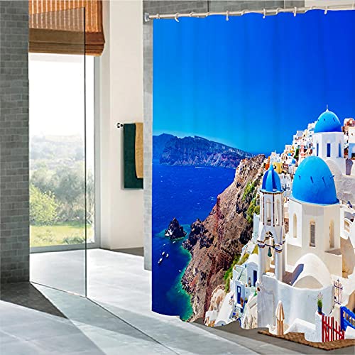 JOOCAR Cortina de ducha decorativa para cuarto de baño, paisaje griego Santorini de piedra blanca, paisaje europeo de la ciudad, impermeable, tela de poliéster con 12 ganchos Tamaño: 60 x 72 pulgadas