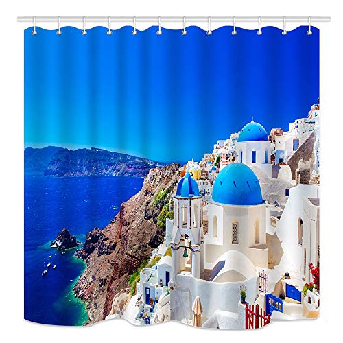 JOOCAR Cortina de ducha decorativa para cuarto de baño, paisaje griego Santorini de piedra blanca, paisaje europeo de la ciudad, impermeable, tela de poliéster con 12 ganchos Tamaño: 60 x 72 pulgadas
