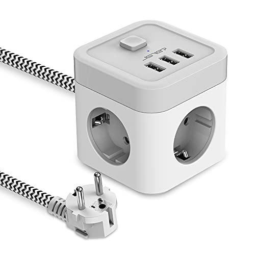 JSVER Regleta Enchufe Cubo con USB de 3 Tomas con 3 USB Puertos(15,5 W) Alargadera Electrica Protección contra Sobretensiones con Interruptores para el hogar, la Oficina y los Viajes Cable 1,5 m