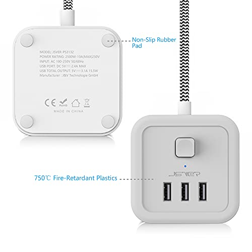JSVER Regleta Enchufe Cubo con USB de 3 Tomas con 3 USB Puertos(15,5 W) Alargadera Electrica Protección contra Sobretensiones con Interruptores para el hogar, la Oficina y los Viajes Cable 1,5 m