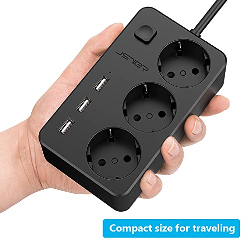 JSVER Regleta Enchufe USB,3 Puertos de USB y 3 Tomas(5V/3,1A),Regletas electricas con Interruptor Protección contra Sobrecargas para Viajes en Casa, 1,5M-Negro