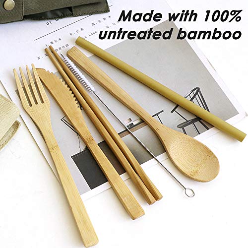 Juego de 2 cubiertos de bambú SourceTon, cubiertos reutilizables, cuchara de bambú, tenedor, cuchillo, cepillo, palillos y pajita, utensilios portátiles ecológicos con funda
