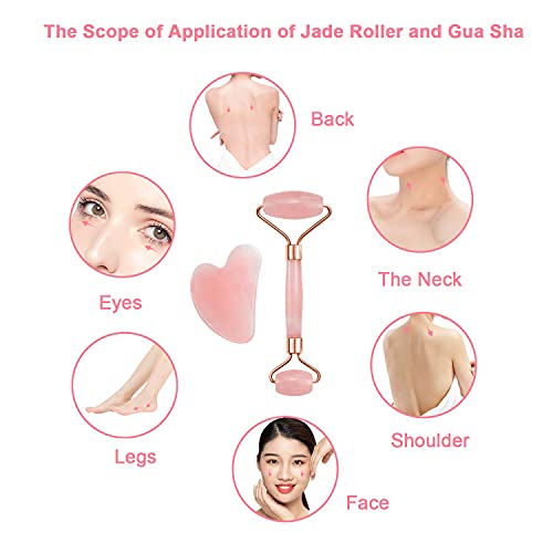 Juego de rodillo de jade y gua Sha, IjoyeBeauty Masajeador de cuarzo rosa antienvejecimiento para el cuidado de la piel, 100% jade natural
