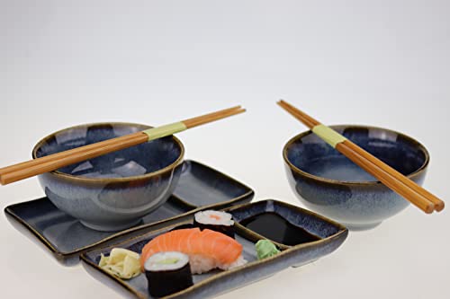 Juego de sushi "Misaki" para dos personas, 2 platos de sushi, 2 cuencos de cerámica, 2 pares de palillos de bambú... (oscuro)