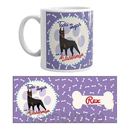 Kembilove Taza de Café de Perro Doberman Personalizada con Nombre – Taza de Desayuno Razas de Perro – Taza de Café y Té Mascota – Taza de Cerámica Impresa – Tazas de Perro Doberman