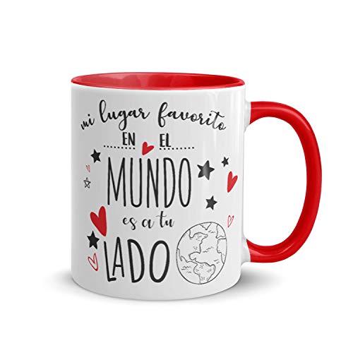 Kembilove Tazas de Desayuno para Parejas – Taza de Café Rojas con Mensaje Mi lugar favorito en el mundo es a tu lado – Regalos Originales para Regalar en San Valentín