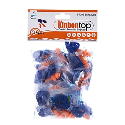 Kinbontop - 15 pares de tapones reutilizables de goma termoplástica suave para los oídos, SNR de 29 dB,impermeables, reducción de ruido,protección auditiva, con cordón, color naranja
