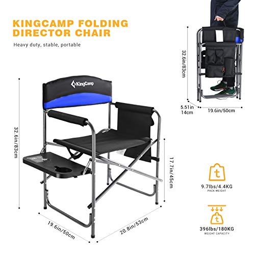 KingCamp Camping de Servicio Pesado Silla Plegable Director Asiento Acolchado de Gran tamaño con Mesa Lateral y Bolsa de Almacenamiento Admite 180 kg