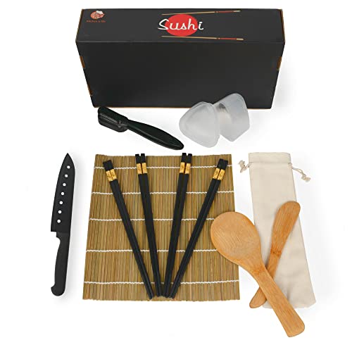 Kit sushi completo. Set para hacer sushi profesional de 15 piezas. Sushi kit compuesto de esterilla de bambú profesional, cuchillo, moldes de nigiri y onigiri, palillos, cuchara y mezclador de arroz.