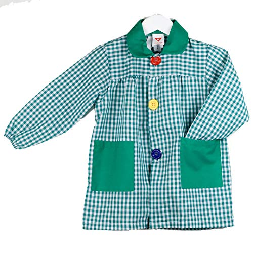 KLOTTZ 901B - Babi cuadros guardería Bata escolar con botones y amplio colorido. Protección ropa en comedores y manulidades en casa. Niñas color: VERDE talla: 1
