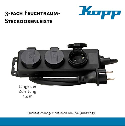 Kopp - Regleta para 3 enchufes (para Cuarto húmedo, con Tapa, Cable de 1,4 m)