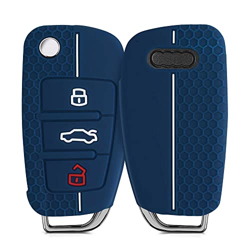 kwmobile Carcasa Compatible con Audi Llave de Coche Plegable de 3 Botones - Funda Protectora de Silicona - Case para Mando de Auto en Azul Oscuro/Blanco