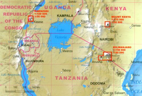 La más alta Peaks Mapa de trekking de África: Kilimanjaro - Monte Kenia - Rwenzori laminado mapa