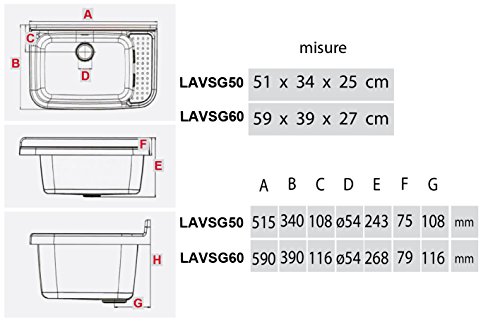 La Ventilazione LAVSG50 Fregadero Pilozzo de resina, blanco, 500 x 350 x 240 mm