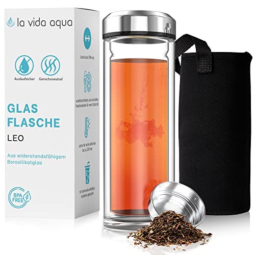 LA VIDA AQUA Botella agua cristal LEO (1 litro) con infusor de té y funda de neopreno - Botella de vidrio de 1l para té, agua o café - Botella de agua para llevar