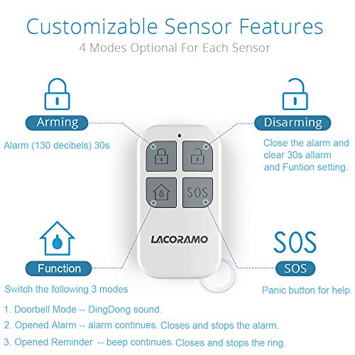 LACORAMO 130db Sensor de alarma para puertas y ventanas con 2 controles remotos, 2 baterías, campana de apertura de contacto magnético inalámbrico para niños, hogar, refrigerador, tienda (4 paquetes)